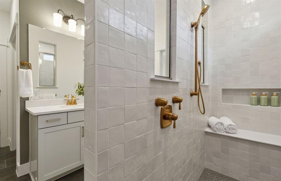 Owner's bath designed with a double vanity and oversized shower*Model representation Owner's bath designed with a double vanity and oversized shower*Model representation