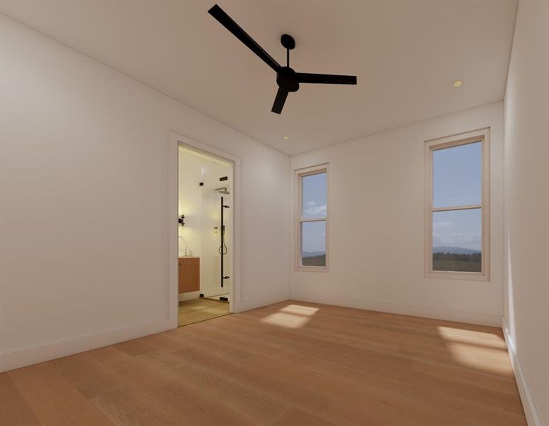Unfurnished bedroom with light wood finished floors, a ceiling fan, ensuite bathroom, and multiple windows