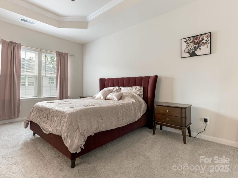 Generously sized primary bedroom with tray ceiling.