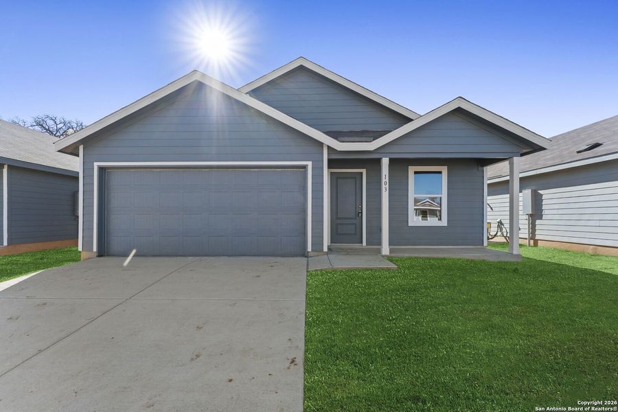 Front exterior of a new home in Friendship Oaks, Fredericksburg, TX, highlighting curb appeal (Image 1). Front exterior of a new home in Friendship Oaks, Fredericksburg, TX, highlighting curb appeal (Image 1).