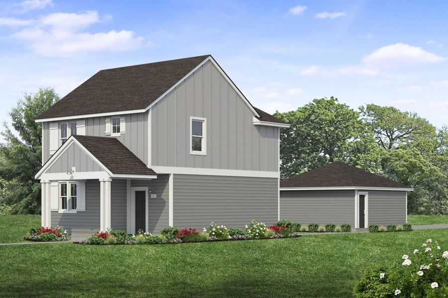 Rendering of two story two-tone grey home with black door and detached garage with sky and landscaping Rendering of two story two-tone grey home with black door and detached garage with sky and landscaping