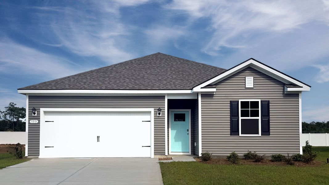 Front exterior of a new home in Jordanville Farms, Galivants Ferry, SC, highlighting curb appeal (Image 2). Front exterior of a new home in Jordanville Farms, Galivants Ferry, SC, highlighting curb appeal (Image 2).