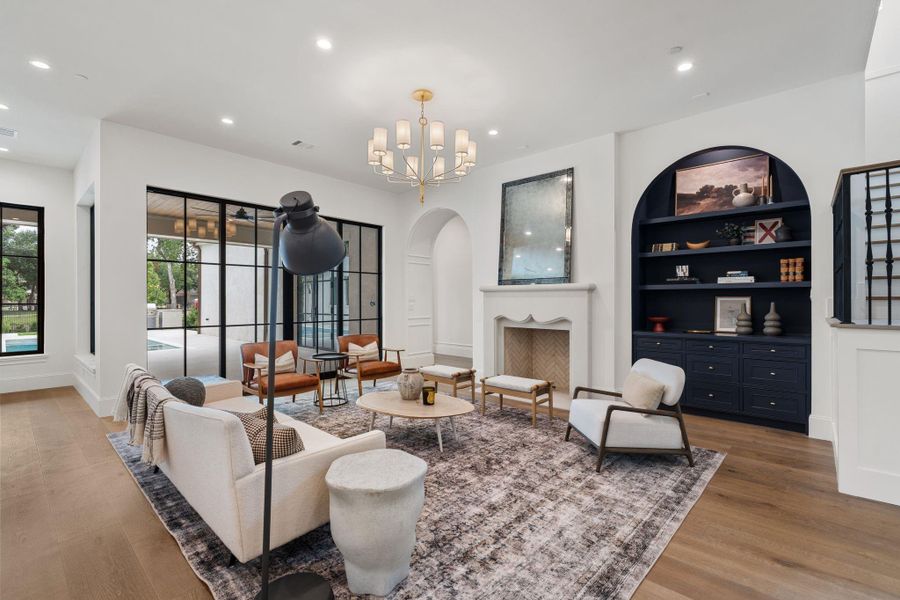 Spacious living room open to kitchen and bar