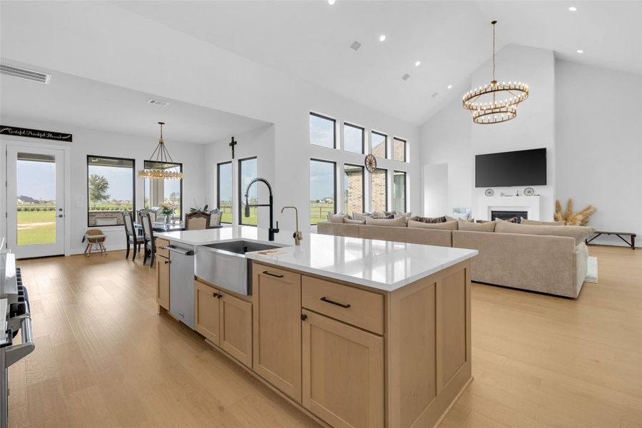 Open kitchen with featuring ample cabinetry and workspace.