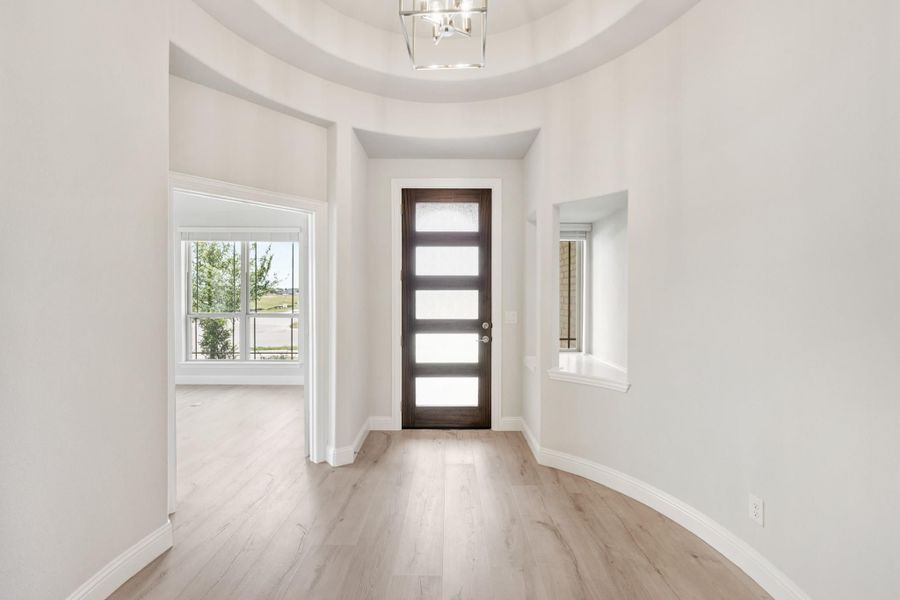 Foyer with round tray ceiling, dark wood front door with glass panels, and light hardwood floors