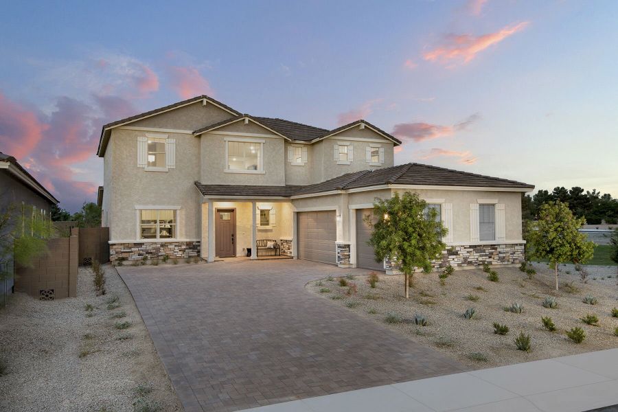 Representative exterior photo of a completed home built from the Mahogany by Mattamy Homes in Landmarke, San Tan Valley, AZ (Image 22). Representative exterior photo of a completed home built from the Mahogany by Mattamy Homes in Landmarke, San Tan Valley, AZ (Image 22).