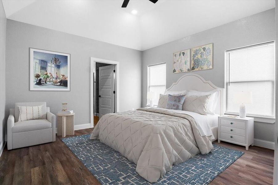 Bedroom with multiple windows, dark hardwood / wood-style flooring, and ceiling fan