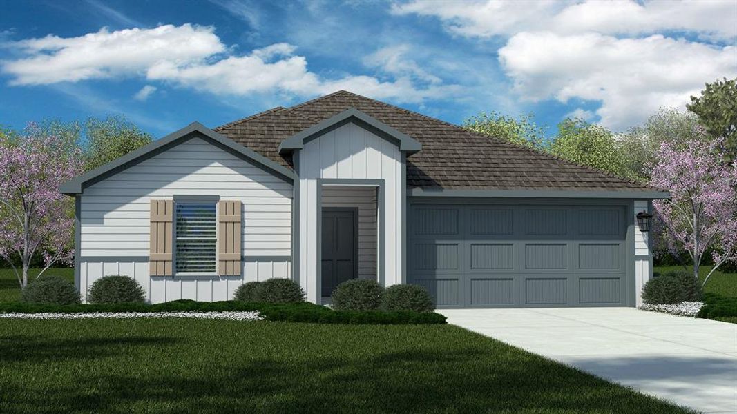 Front Elevation - D.R. Horton's Kingston Floorplan Elevation W - All Home and community information, including pricing, included features, terms, availability and amenities, are subject to change at any time without notice or obligation. All Drawings, pictures, photographs, video, square footages, floor plans, elevations, features, colors and sizes are approximate for illustration purposes only and will vary from the homes as built.