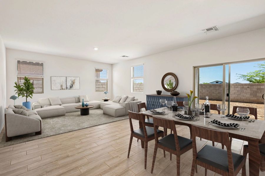 Dining and great room. Virtually staged