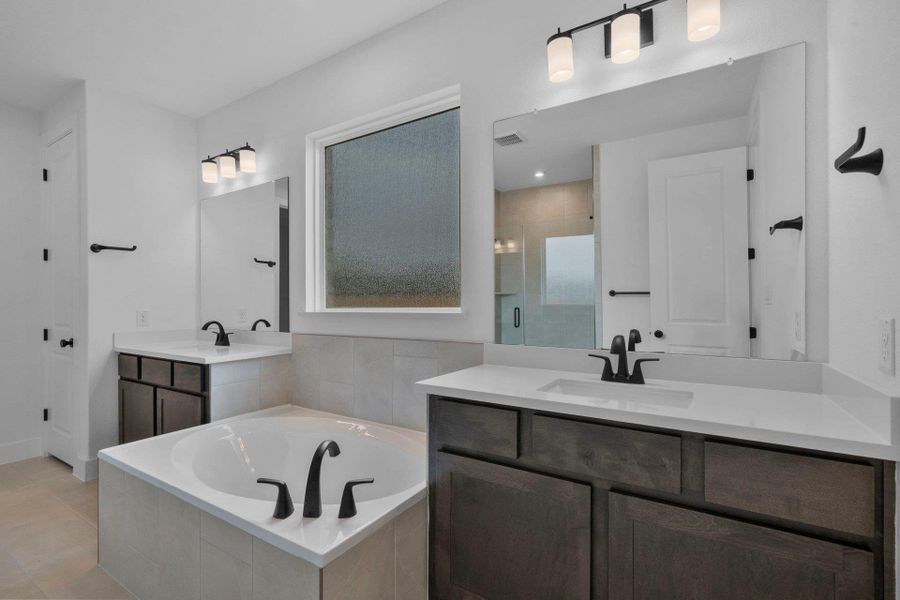 Primary Bath retreat with dual vanities & garden tub
