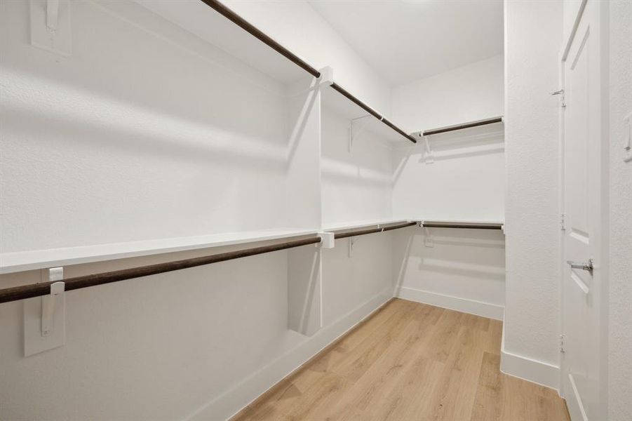 Walk in closet with light hardwood / wood-style floors