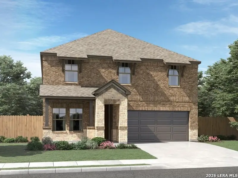 Front exterior of a new home in Arcadia Ridge - Premier Series, San Antonio, TX, highlighting curb appeal (Image 1). Front exterior of a new home in Arcadia Ridge - Premier Series, San Antonio, TX, highlighting curb appeal (Image 1).