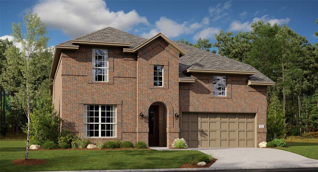 View of property with a garage and a front yard