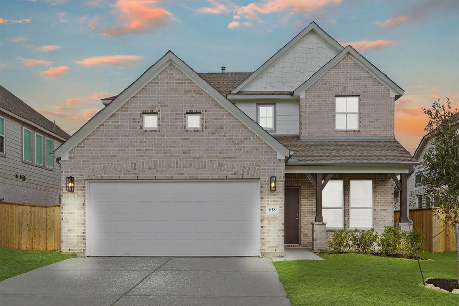 Front exterior of a new home in Huntington Place, Rosharon, TX, highlighting curb appeal (Image 17). Front exterior of a new home in Huntington Place, Rosharon, TX, highlighting curb appeal (Image 17).