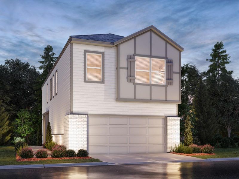 Front exterior of a new home in Pinewood Trails - City Series, Atascocita, TX, highlighting curb appeal (Image 1). Front exterior of a new home in Pinewood Trails - City Series, Atascocita, TX, highlighting curb appeal (Image 1).