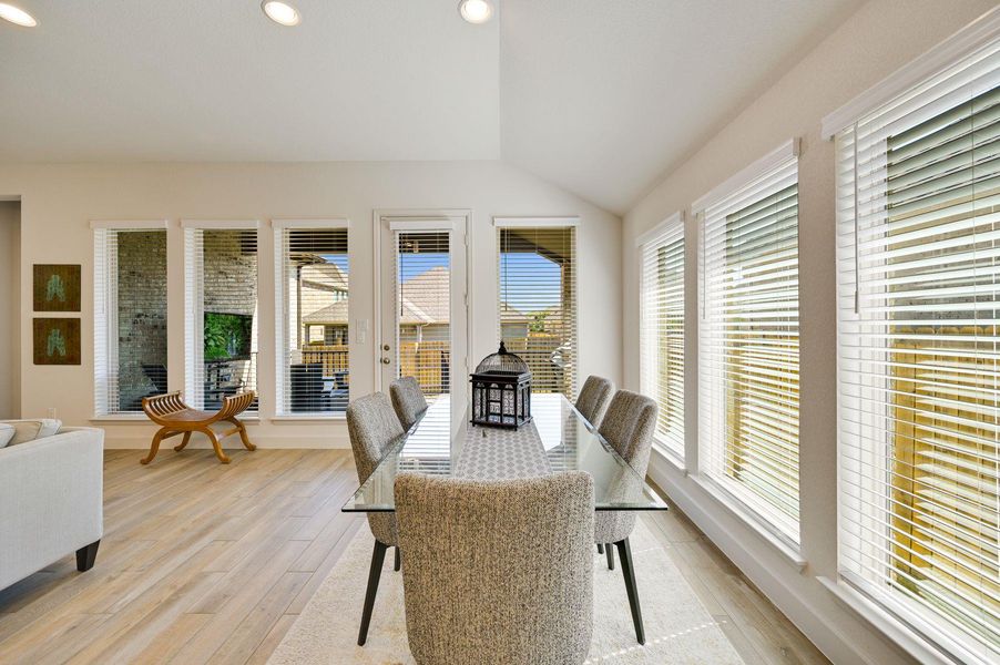 The dining room overlooks the covered patio.