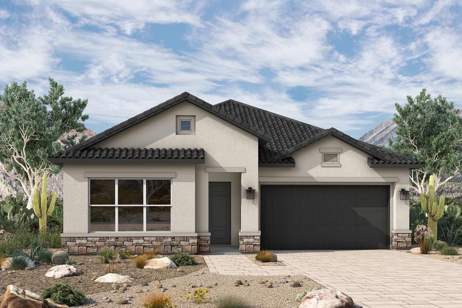 Front exterior of a new home in Tavolo at Soleo, San Tan Valley, AZ, highlighting curb appeal (Image 2).