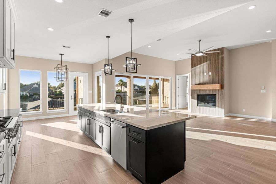 View of the open kitchen and living room.