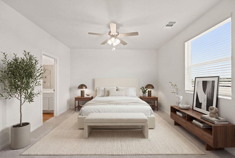 Natural light streams through a large window, highlighting neutral carpet and smooth plaster walls.