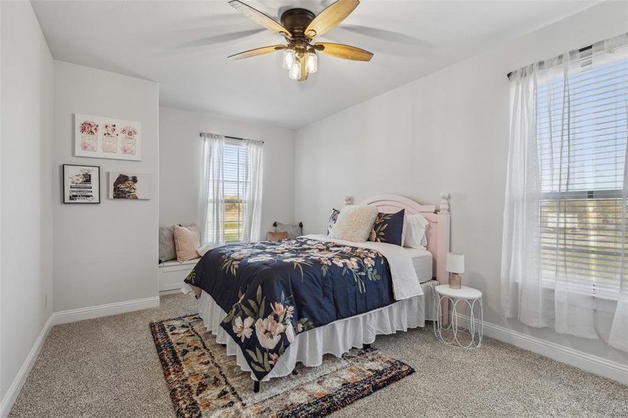 Carpeted bedroom with ceiling fan