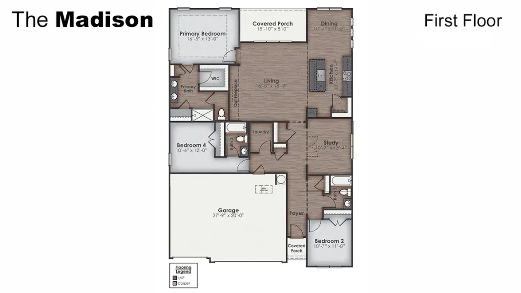 2D floor plan layout for the Madison by D.R. Horton in The Highlands at Cedar Hill Landing, Navassa, NC (Image 6).
