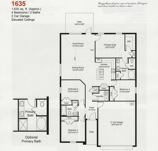 2D floor plan layout for the Plan 1635- B by Adams Homes in Sunset Landing, Spring Hill, FL (Image 3).