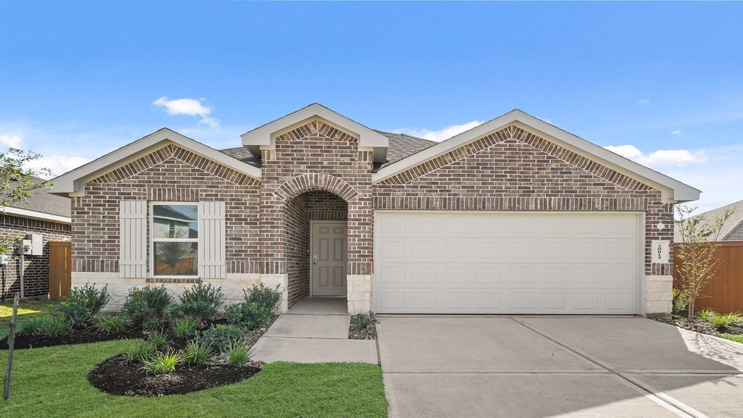 Representative exterior photo of a completed home built from the Harris by D.R. Horton in Cypress Green, Hockley, TX (Image 1). Representative exterior photo of a completed home built from the Harris by D.R. Horton in Cypress Green, Hockley, TX (Image 1).