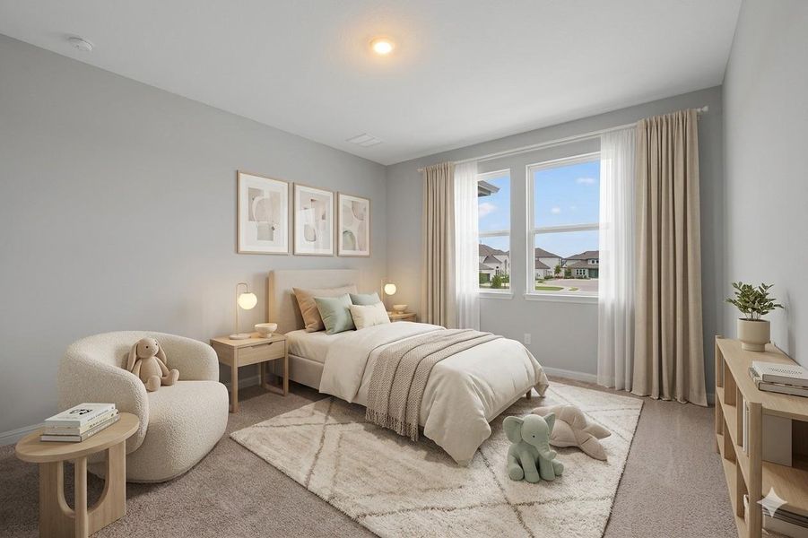 Virtually Staged- Light-filled room featuring two large windows with double-pane glass, a recessed ceiling light, and wall-to-wall carpeting