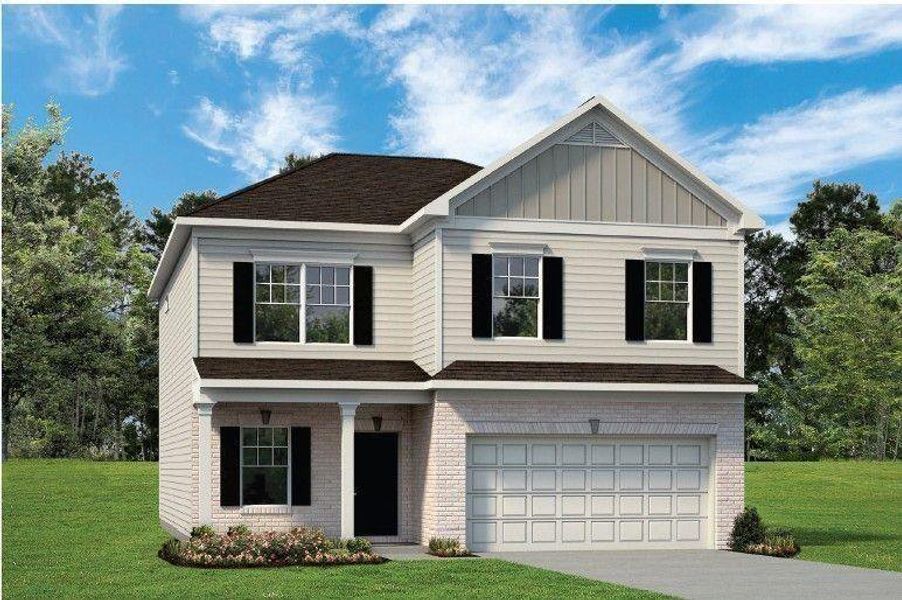 Front exterior of a new home in Evergreen at Lakeside, Temple, GA, highlighting curb appeal (Image 1). Front exterior of a new home in Evergreen at Lakeside, Temple, GA, highlighting curb appeal (Image 1).