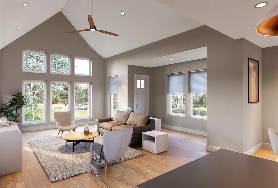 Living room with high vaulted ceiling and lot of windows