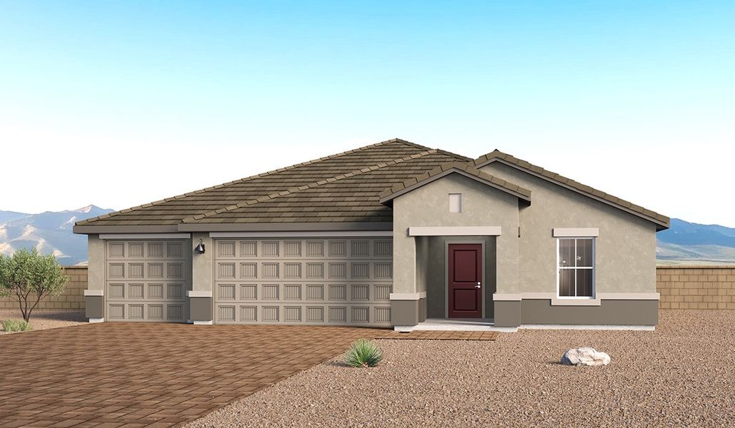 Front exterior of a new home in Entrada Del Toro at Rancho Sahuarita, Sahuarita, AZ, highlighting curb appeal (Image 1). Front exterior of a new home in Entrada Del Toro at Rancho Sahuarita, Sahuarita, AZ, highlighting curb appeal (Image 1).