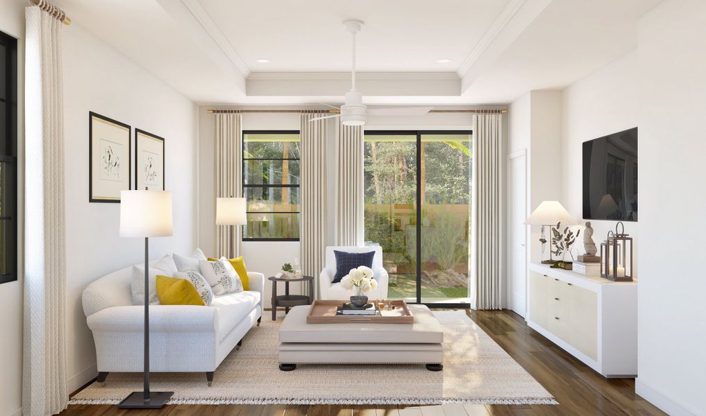 Great room with coffered ceiling and crown moulding Great room with coffered ceiling and crown moulding