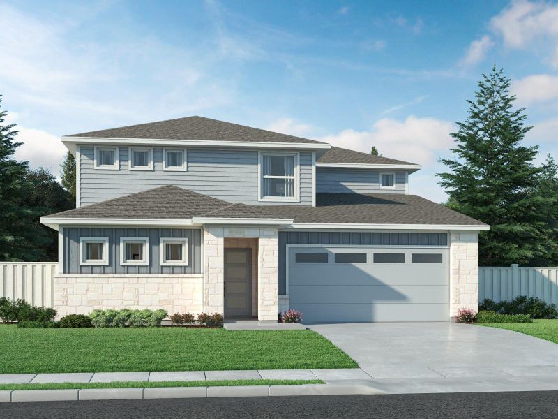 View of front of home with driveway, a shingled roof, and stone siding