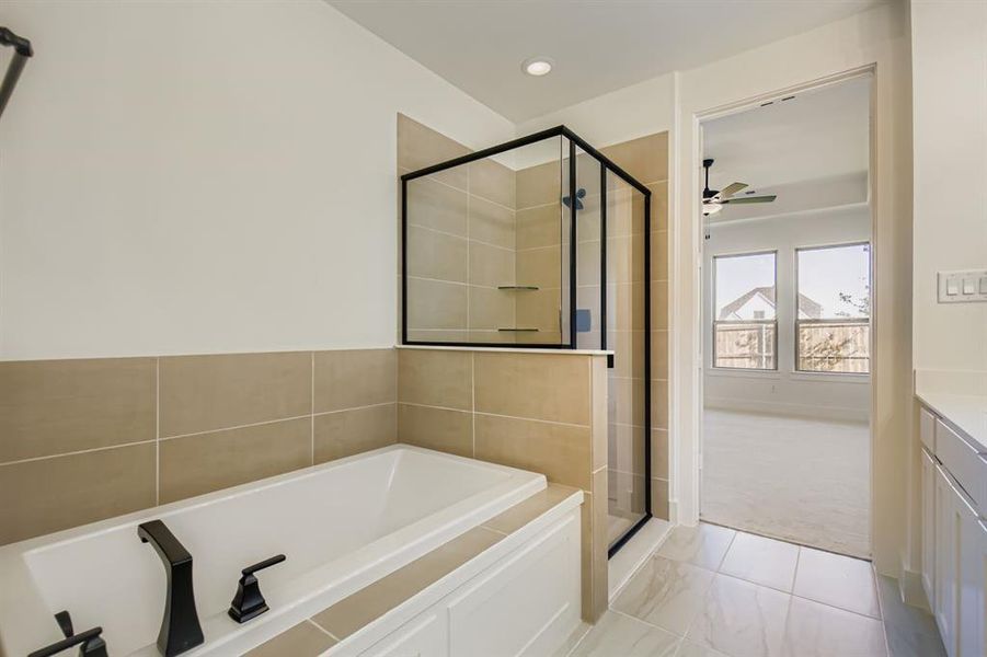 Full bathroom with a garden tub, a shower stall, vanity, a ceiling fan, and light carpet Full bathroom with a garden tub, a shower stall, vanity, a ceiling fan, and light carpet