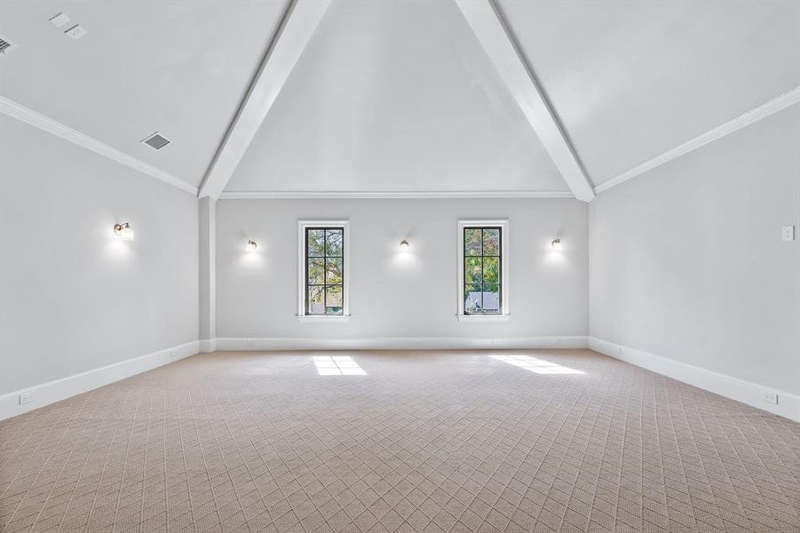 Media Room with beams and ornamental molding