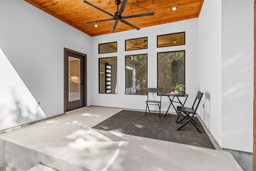 View of patio with ceiling fan