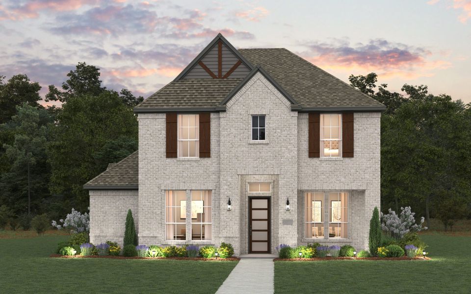 Front exterior of a new home in The Grove Frisco, Frisco, TX, highlighting curb appeal (Image 5). Front exterior of a new home in The Grove Frisco, Frisco, TX, highlighting curb appeal (Image 5).