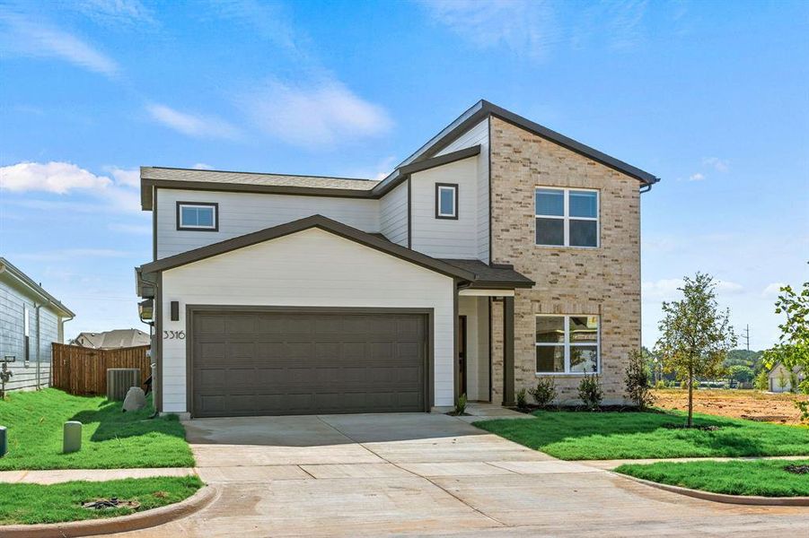 Front exterior of a new home in Kings Way, Denton, TX, highlighting curb appeal (Image 17).