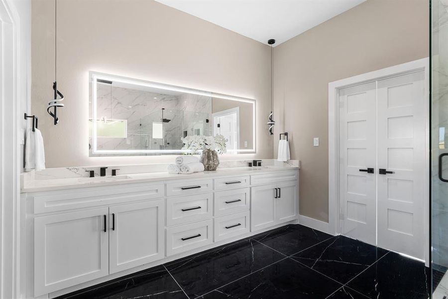 Bathroom with vanity and walk in shower