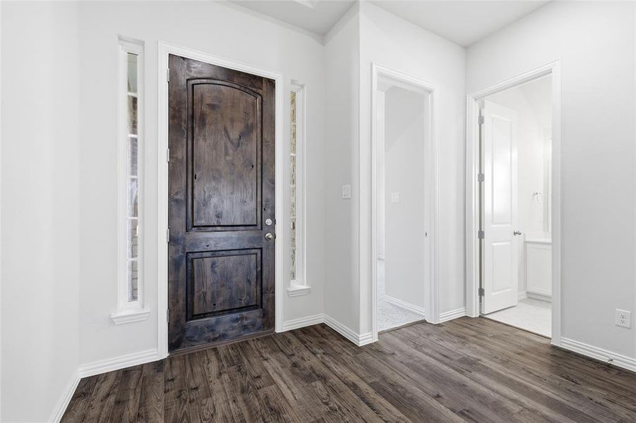 Entryway featuring a dark wood door with arched paneling, flanked by two narrow vertical windows