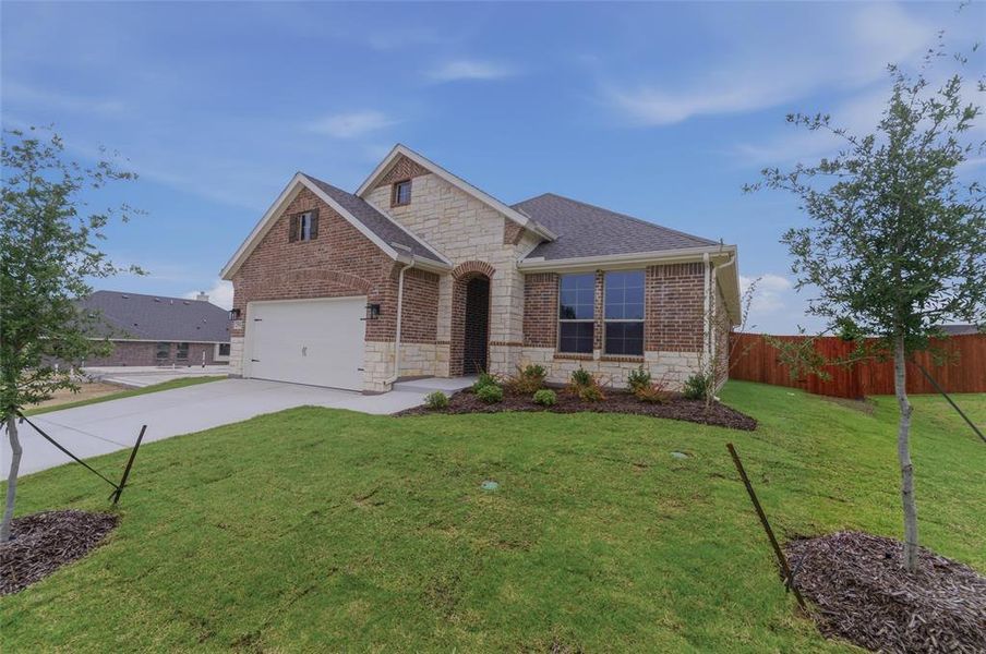 Contemporary exterior featuring a brick and stone facade, an attached garage, a concrete driveway, and a sloped lawn with newly planted trees