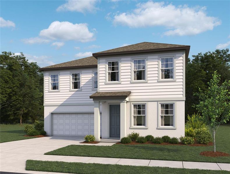 Front exterior of a new home in Oakfield Trails Signature, Parrish, FL, highlighting curb appeal (Image 1).