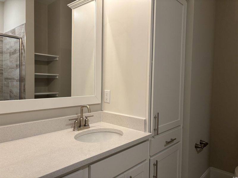 Full bathroom featuring a stall shower and vanity
