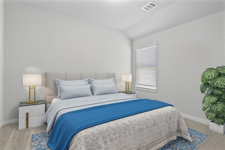 Secondary bedroom features plush carpet, custom paint, lighting, and a large window with privacy blinds.