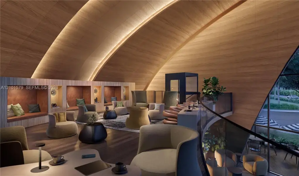 Curved wood-paneled ceiling, integrated recessed accent lighting, built-in recessed wall niches, dark wood-finish flooring, and expansive floor-to-ceiling glass wall