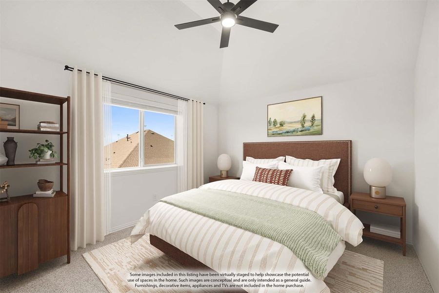 Bedroom with ceiling fan, carpet flooring, large window, and wood bookshelf along the wall