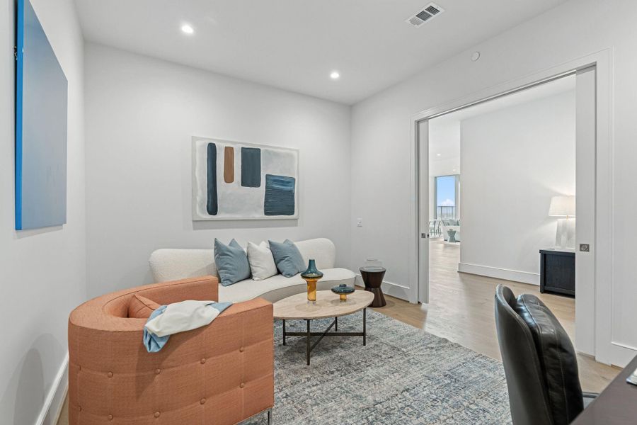 Foyer entry opens to a private office making a stunning first impression. It can be an option for a Media room or bedroom #4 with a full bathroom and a closet. Foyer entry opens to a private office making a stunning first impression. It can be an option for a Media room or bedroom #4 with a full bathroom and a closet.