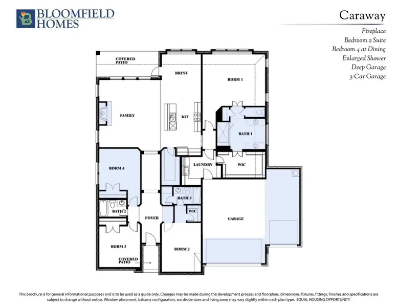 Bloomfield Homes Caraway floor plan with 4 bedrooms, 3 bathrooms, family room, kitchen, and 3-car garage. Bloomfield Homes Caraway floor plan with 4 bedrooms, 3 bathrooms, family room, kitchen, and 3-car garage.