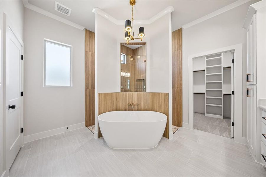 Bathroom featuring vanity, a spacious closet, crown molding, walk in shower, and a freestanding bath