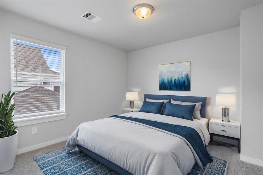 Secondary bedroom features plush carpet, custom paint and a large window.